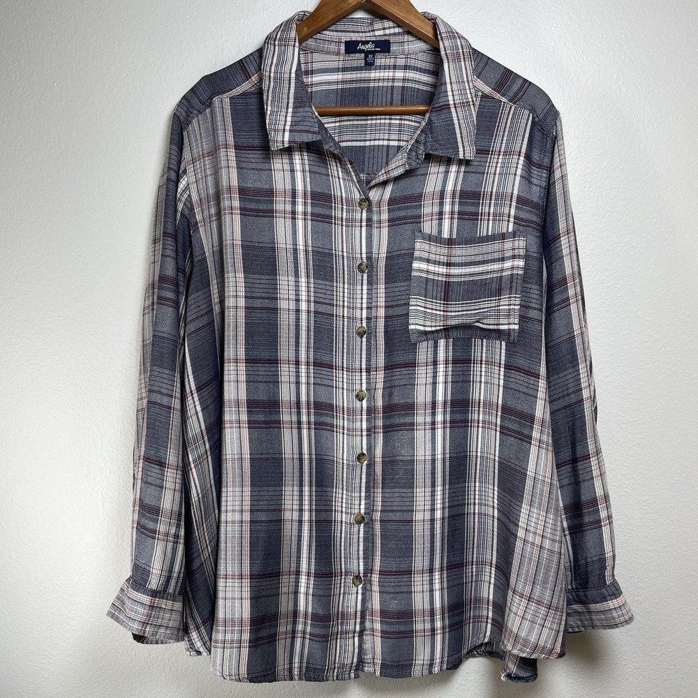 Angels Forever Young Womens 3X Blue Plaid Button Up Shirt Grunge Boho Rayon